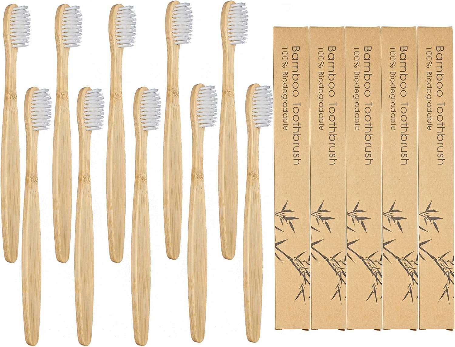 SEVENHEAD 10 PCS Bamboo Toothbrushes Soft Bristles Wooden Toothbrushes for Adult, Natural Biodegradable BPA Free Eco Friendly Toothbrushes White