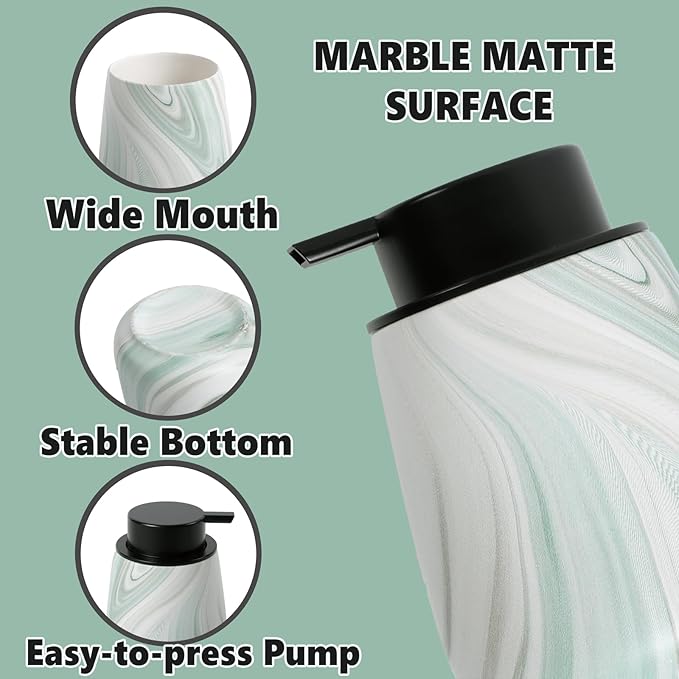 12Oz Ceramic Liquid Soap Dispenser - Modern Lotion Hand Soap Dispenser with Easy-to-Press Black Pump, Reusable and Refillable Dish Soap Dispensers for Bathroom & Kitchen, Marble Green