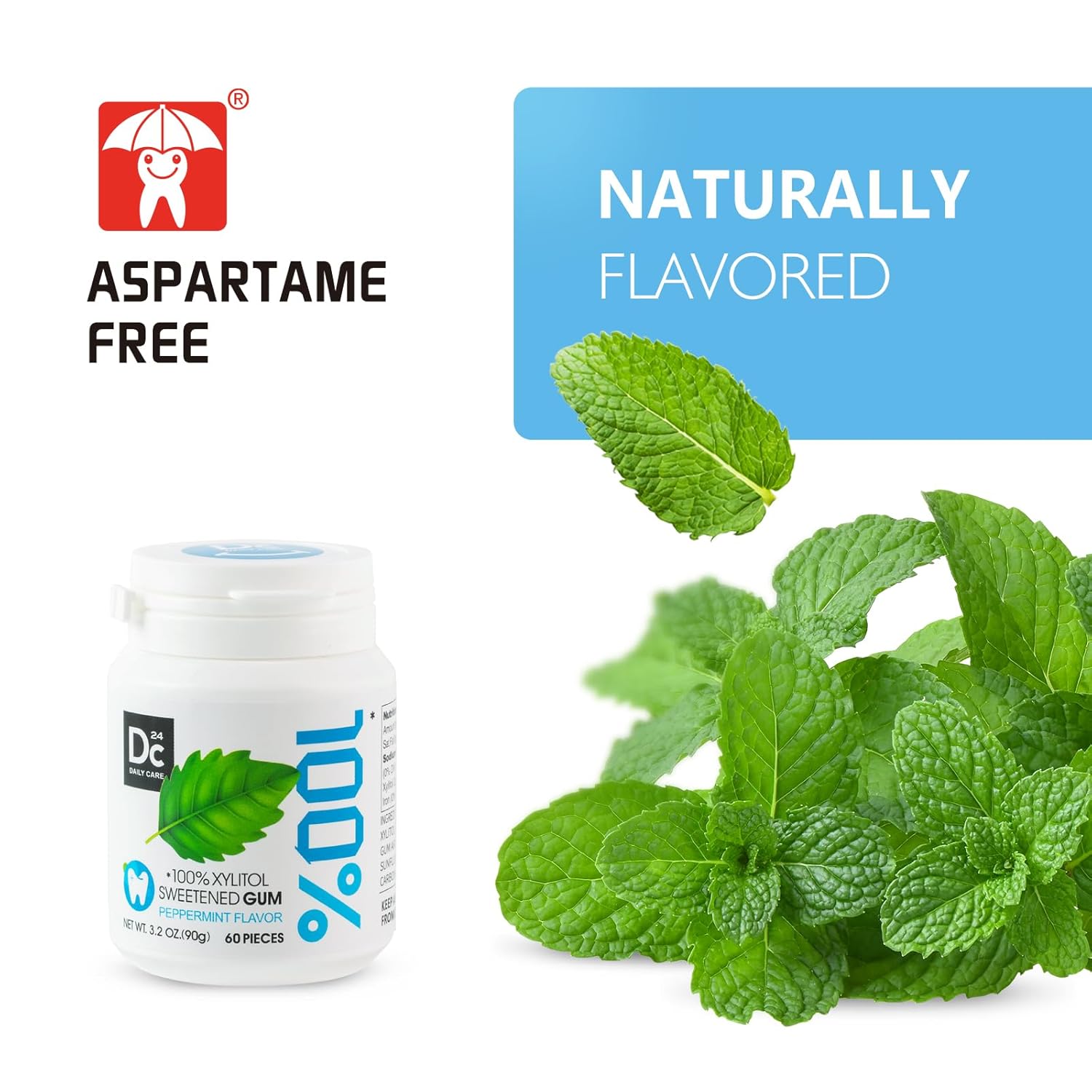 DC24 DAILY CARE 100% Xylitol Gum, No Aspartame, Sugar Free Peppermint Chewing Gum, Natural Flavors, Gluten Free, Vegan, 60 Pieces, Pack of 1