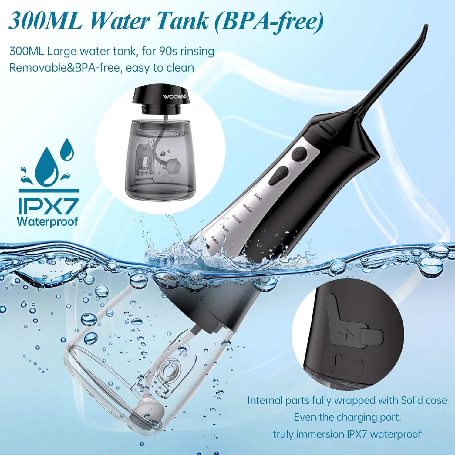 Water Flosser for Teeth 300ML Cordless,Portable Water Dental Floss Pick IPX7 Waterproof 5 Modes & 6 Jet Tips Noise<70db, Water Picks for Teeth Cleaning and Flossing, Braces, Gums,Oral Care