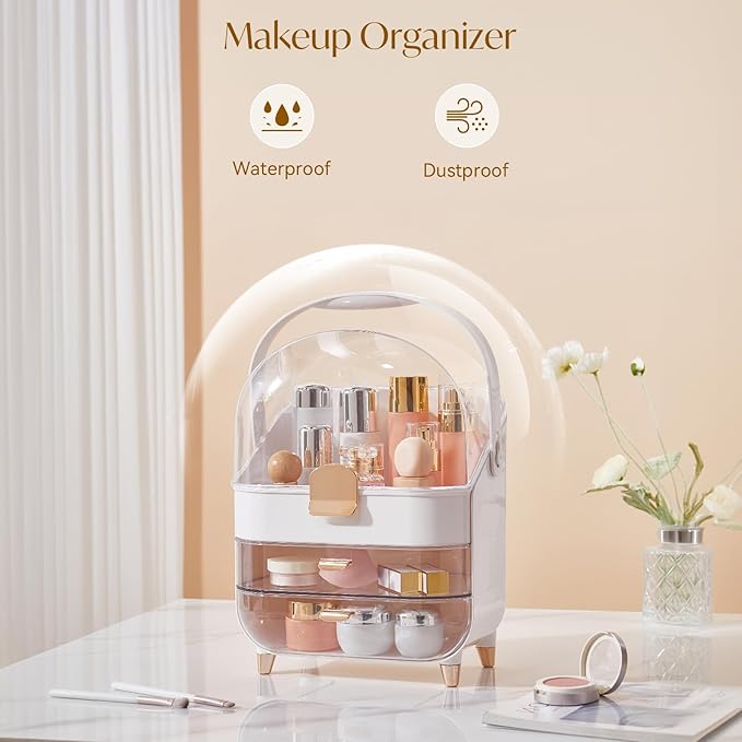 Makeup Organizers, Make Up Organizer for Vanity, Countertop Cosmetic Storage with Drawers and Transparent Cover for Bedroom Bathroom, Pearl White