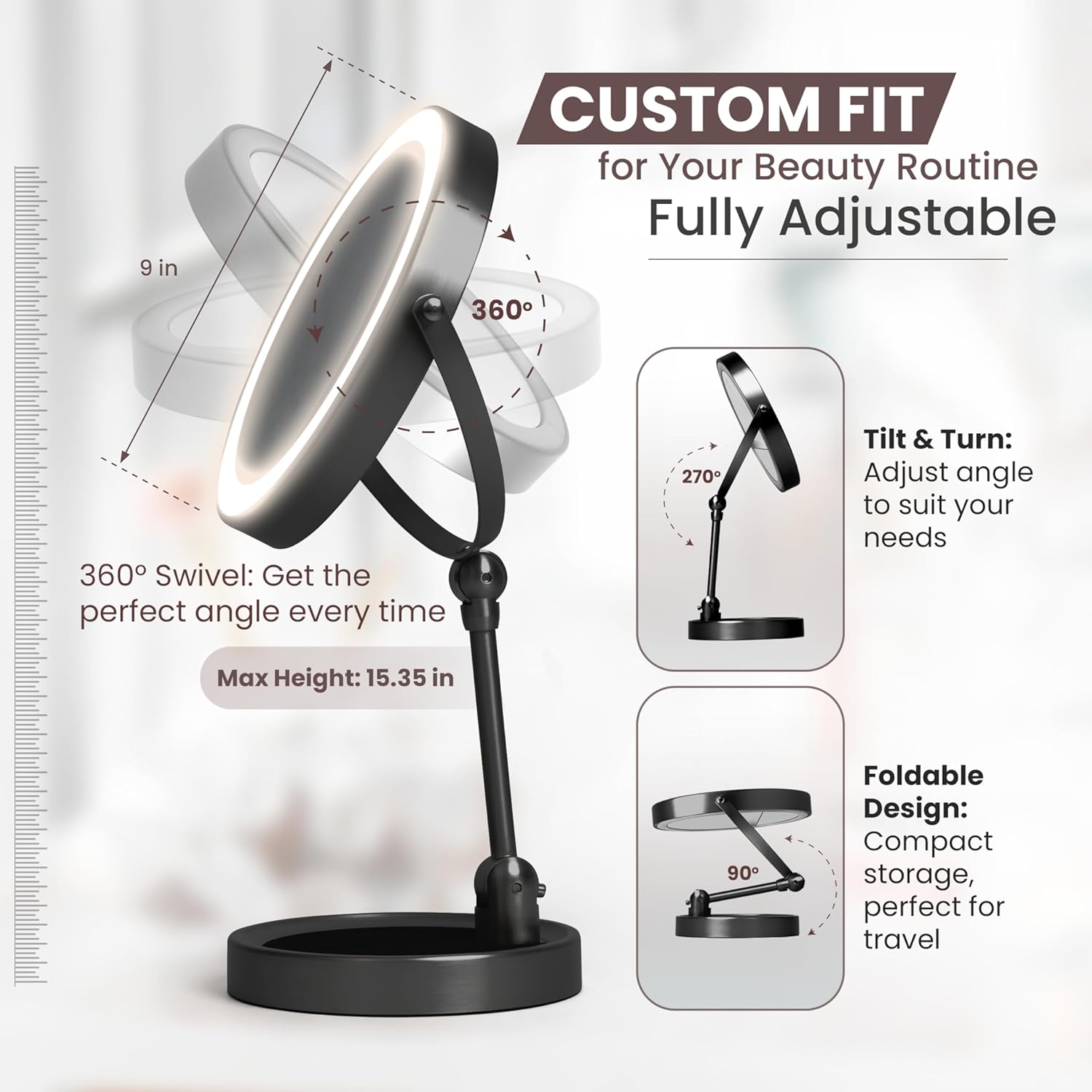 Smart 9" LED Light Makeup Mirror, Rechargeable, 1X/10X Magnifying Vanity Mirror with 3 Color Lights, Height Adjustable, Large Tall 360° Swivel Double Sided Standing Travel Mirror (Black)