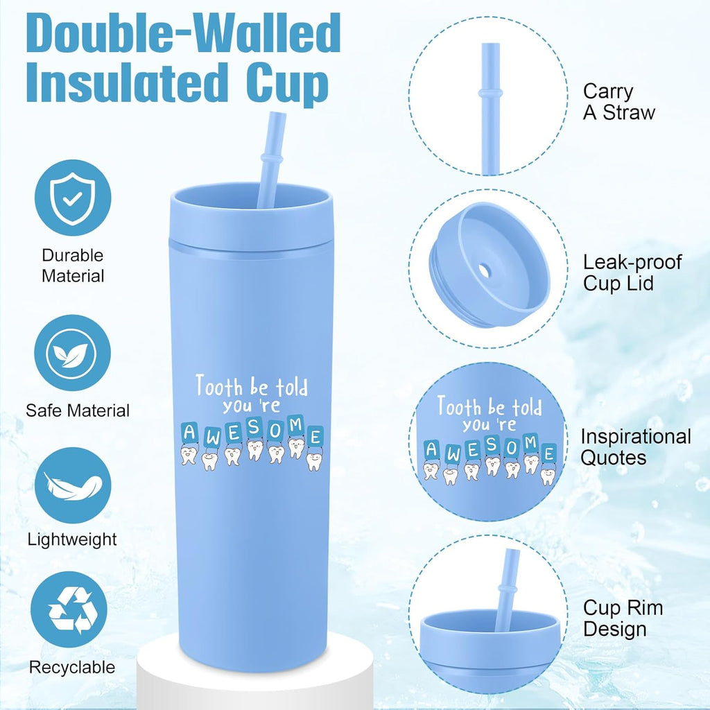Skylety 3 Pcs Dental Hygiene Month Gifts Dental Assistant Hygienist Appreciation Gift 16oz Tumbler with Lid Cute Teeth Makeup Bag Stress Toy Employee Thank You Dentist Coworker Nurse Student(Blue)