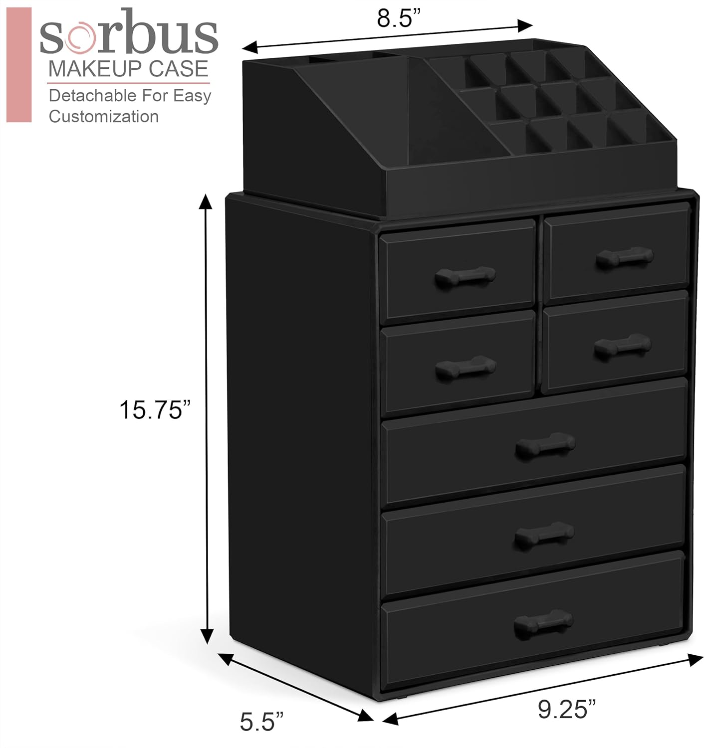 Sorbus Makeup Organizer, Brush Holder and Make Up Storage Drawers - Acrylic Makeup organizer for vanity, Bathroom - Cosmetic Display Cases with 3 large, 4 Small Drawers & 1 Tray for Makeup Brush