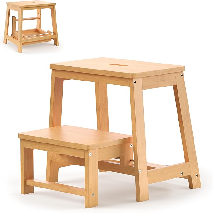 Bamboo Folding Step Stool with Sturdy Structure and Wide Stepping Surface for Safety, Multi-Purpose Foldable Step Ladder for Bathroom,Bedroom,Kitchen Step Stools for Kids & Adults, 400 lbs