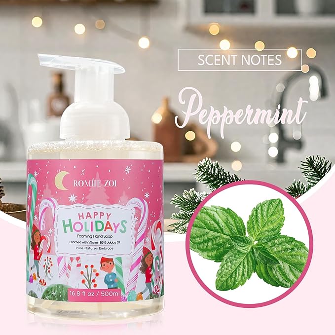 ROMIIE ZOI Christmas Foaming Hand Soap with Gift Box- Happy Holidays, Infused with Peppermint - 500ml/ 16.8oz