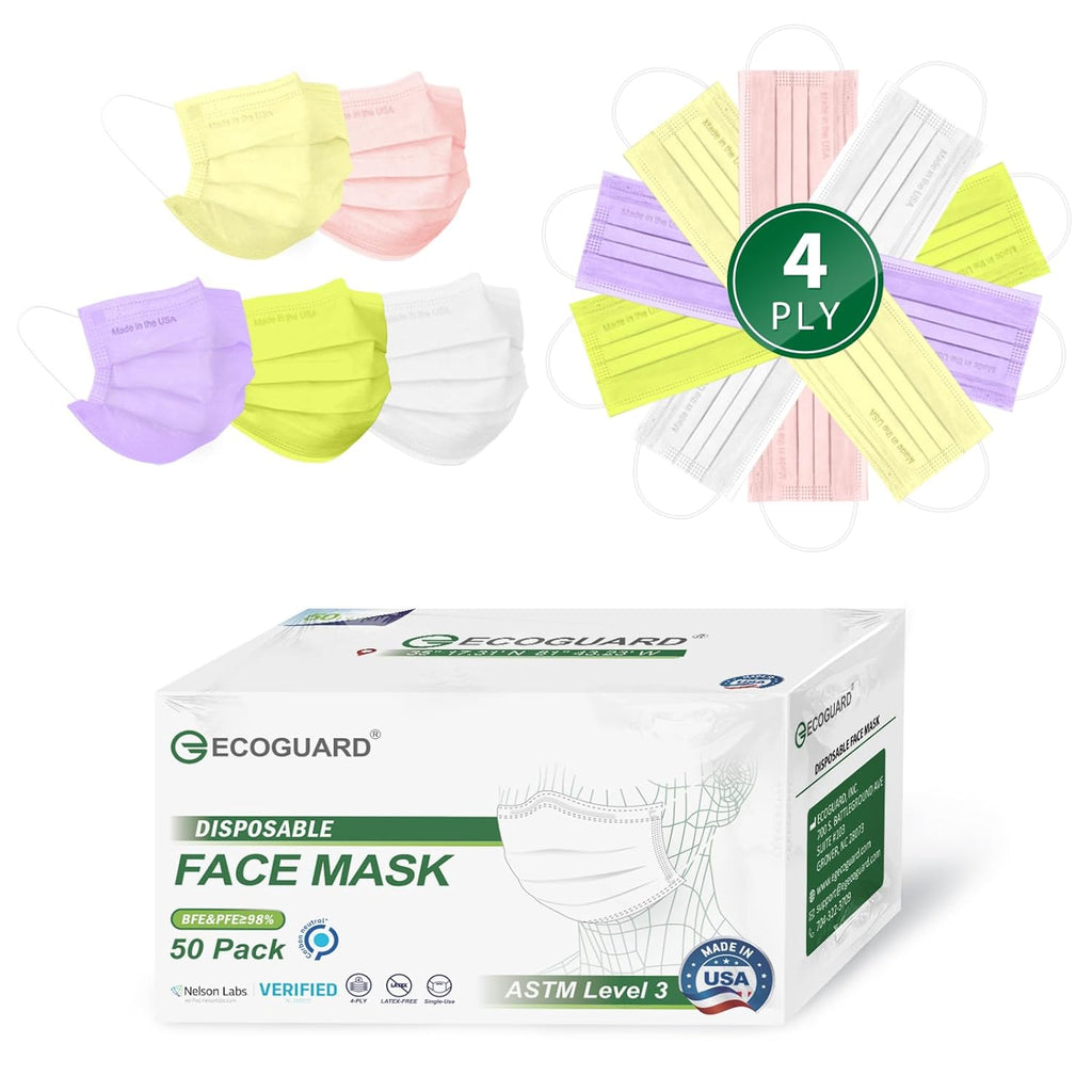 Disposable Face Masks Made in USA, 4 Ply for Families, Students, Breathable All-Day Wear & Safety, FSA HSA Eligible, ASTM Level 3 Medical Grade, 50 Pack, Lavender Mint