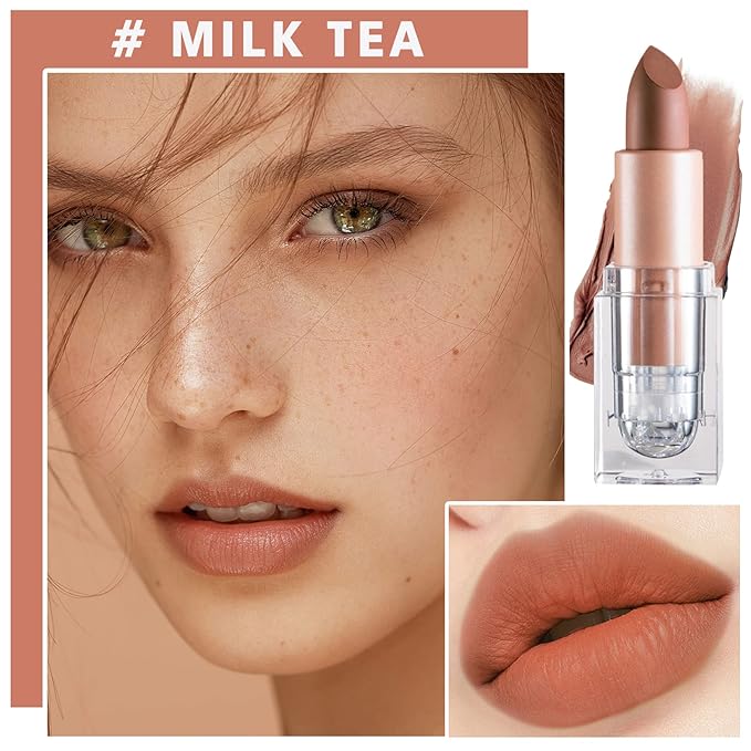 Matte Nude Lipstick Velvet Lip Gloss Non-Fading Non-Sticky Cup Nude Lipstick Matte Lip Stain Long Lasting Waterproof Lipstick for Women Girls Daily Lip Makeup - Milk Tea