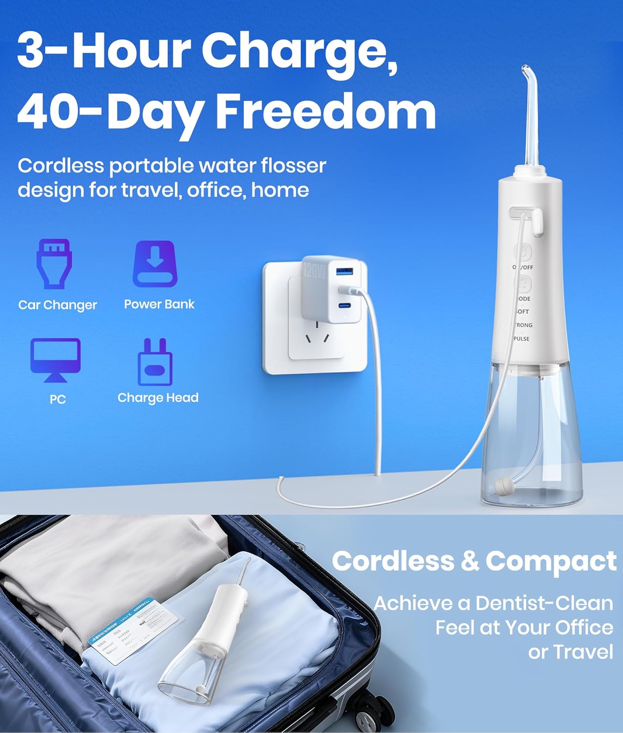 Water Flosser, 300ML Portable Cordless Water Dental Flossers for Teeth Deep Cleaning, IPX7 Waterproof Rechargeable Electric Oral Irrigator Teeth Pick for Travel Home Use and Braces Care (White)