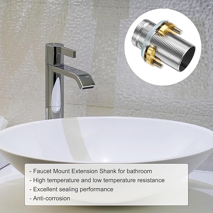 uxcell Faucet Mount Extension Shank 2.4"x 1.25" Stainless Steel Pipe Faucet Extension Nipple Locknut Kit with Stainless Steel Thick Anti-Loose Nut and Gasket Fittings for Basin
