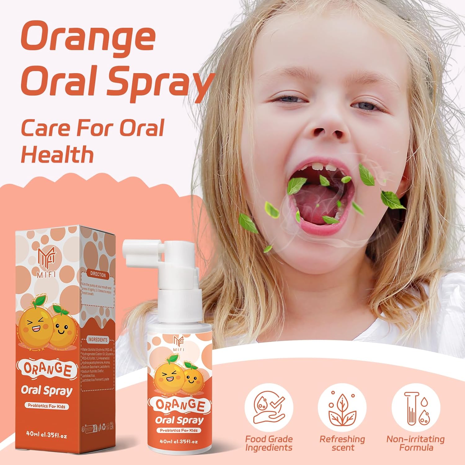 Kids Oral Spray, Toddler Toothpaste Helper for Daily Oral Care and Fresh Breath,Fruit-Flavored, Probiotic Oral Spray for Child (1Pack, Orange)