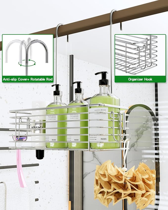 Over Door Shower Caddy, Stainless Steel Bathroom Organizer with Rotating Hooks, Hanging Storage Basket for Shampoo