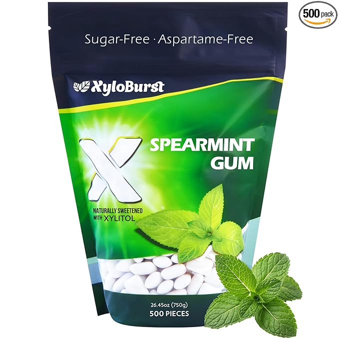 XyloBurst Gum | Xylitol Chewing Gum | Sugar Free, Gluten Free, Keto Friendly | Aspartame Free Gum For Oral Health | Spearmint | 500-Count Bag