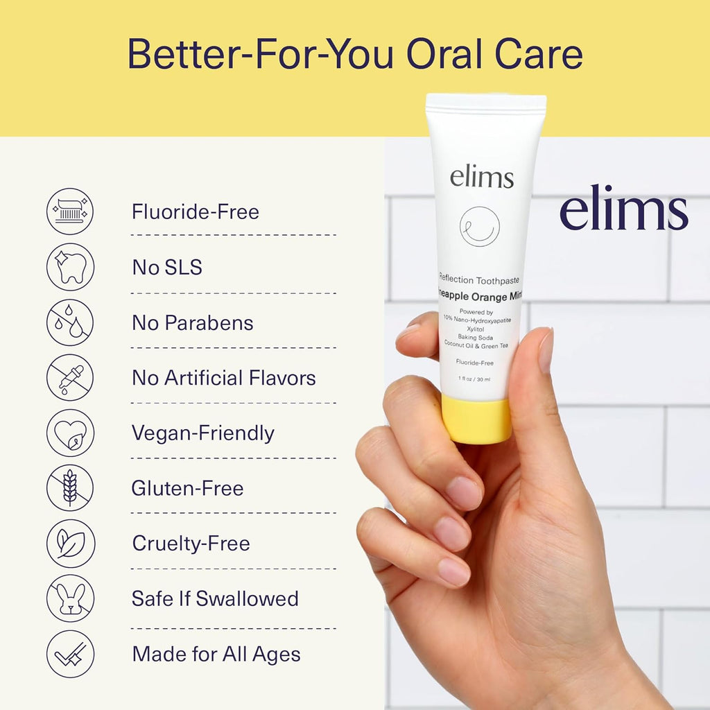 ELIMS Travel Size Nano Hydroxyapatite Toothpaste Fluoride Free - Xylitol Remineralizing Toothpaste for Whitening Sensitive Teeth - Orange Pineapple Mint Toothpaste for Adults & Kids 1oz