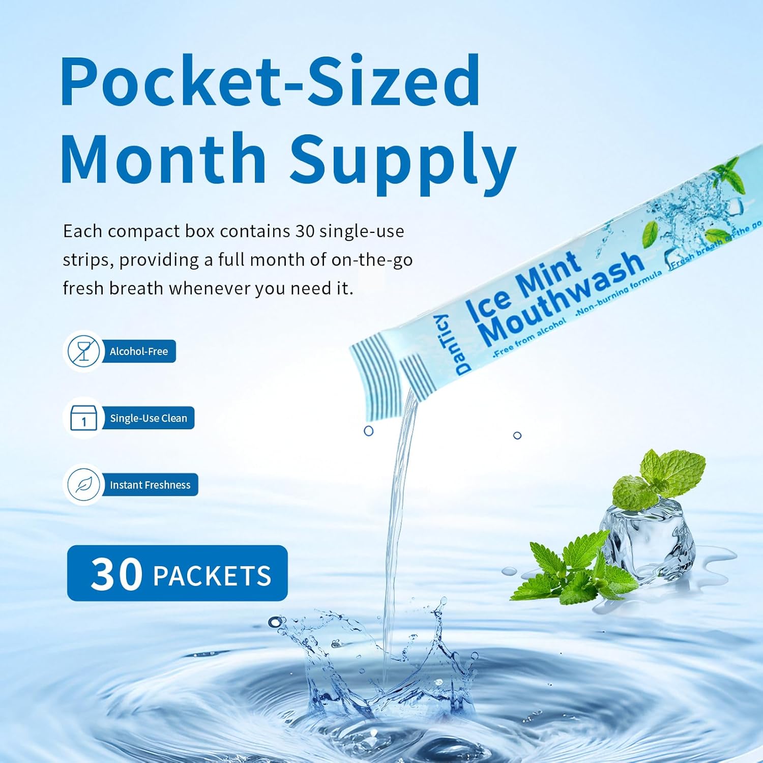 Mouthwash Travel Size, Alcohol-Free Mouthwash, Portable, Fresh Breath, Mini Packets, 30 Count, Ice Mint