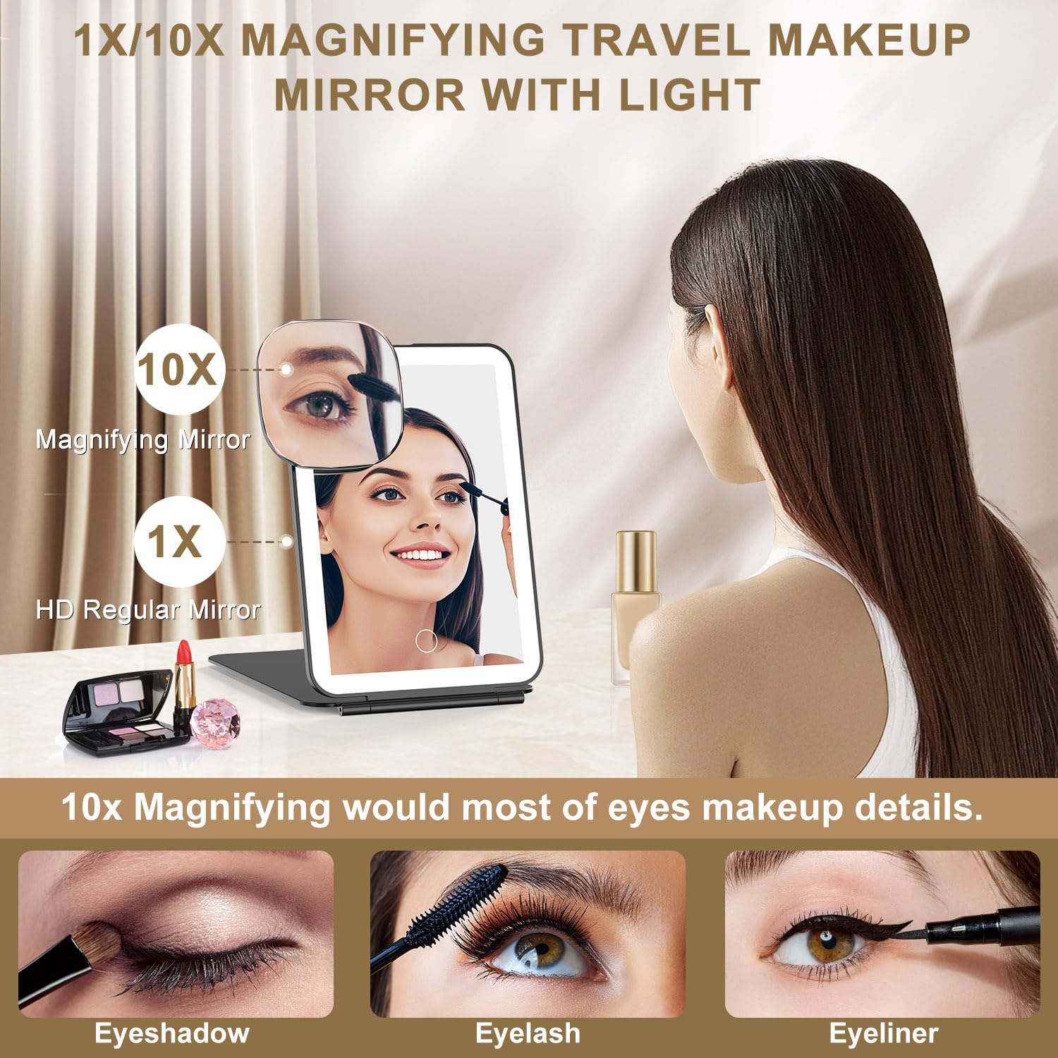 Mocado LED Foldable Travel Makeup Mirror - 5x7 inches 3 Colors Light Modes USB Rechargeable Touch Screen, Portable Tabletop Cosmetic Mirror for Travel, Cosmetic, Office (Black)