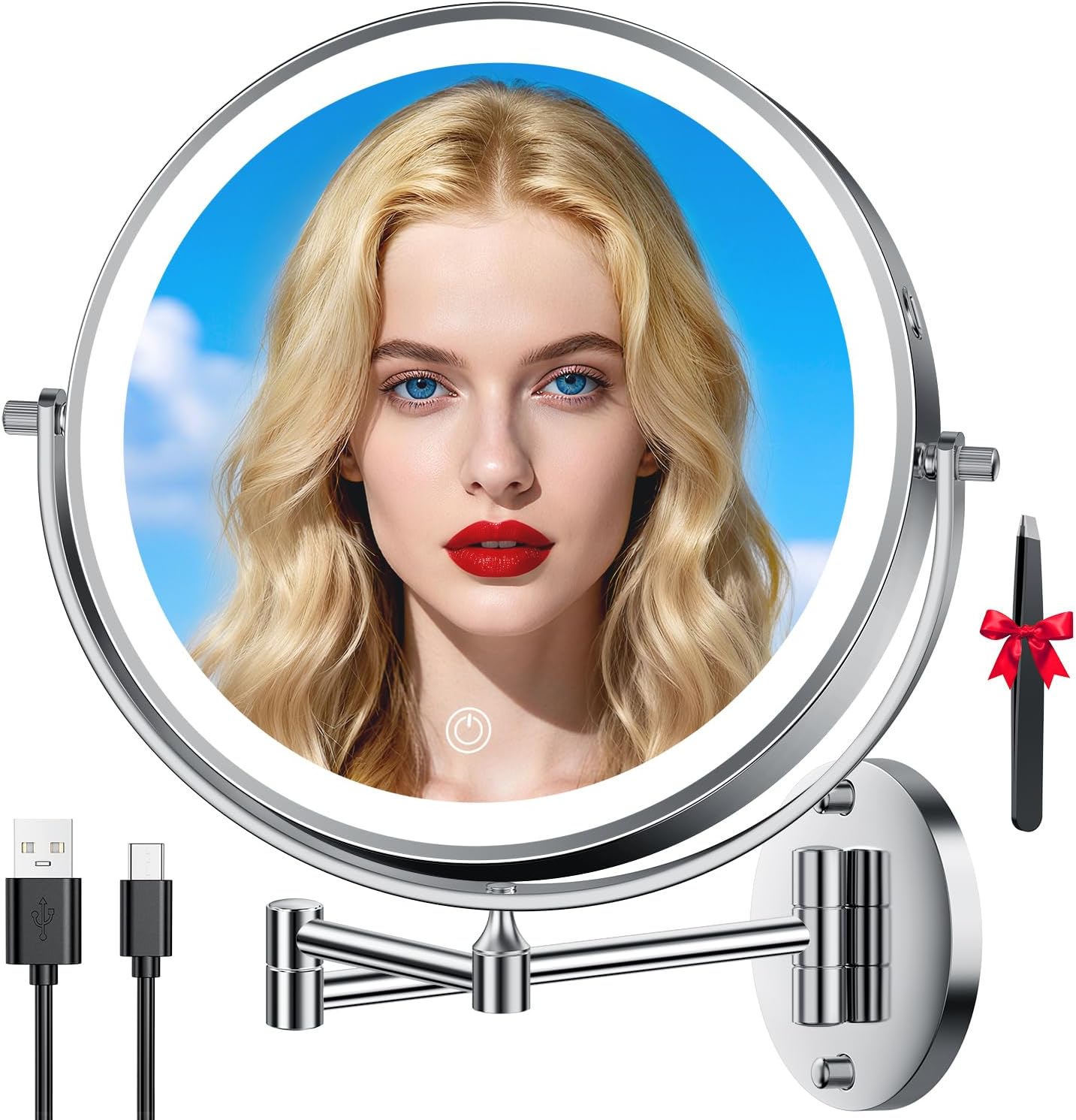 10'' 30X/1X Wall Mounted Lighted Makeup Mirror, 5000mAh Rechargeable Double-Sided Magnifying Mirror with Light, LED Vanity Mirror Touch Dimmable 3 Colors 360° Rotation Extended Foldable Arm, Chrome