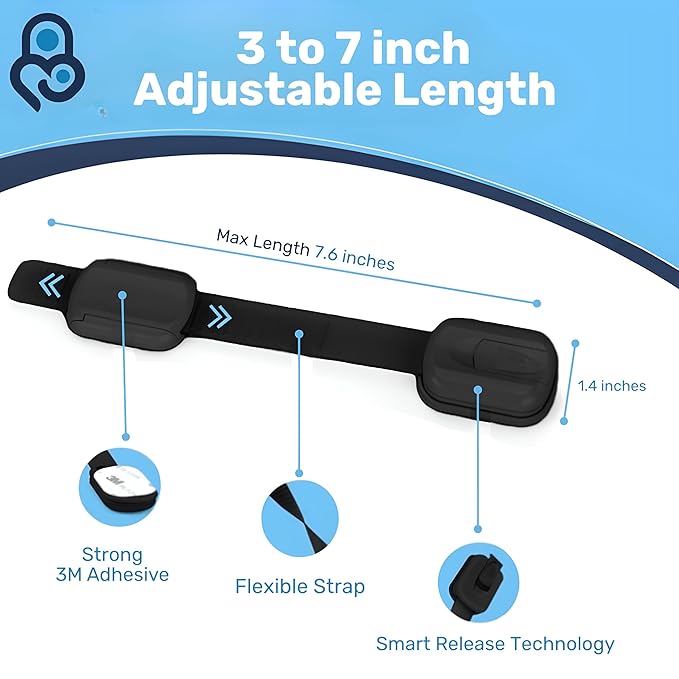3M Adhesive Child Safety Strap Locks by Baby Proof Me, Baby Latches for Cabinets, Dishwashers, Fridges, Ovens and Trash Cans, Stain Free Toilet Lock (12 Safety Latches)
