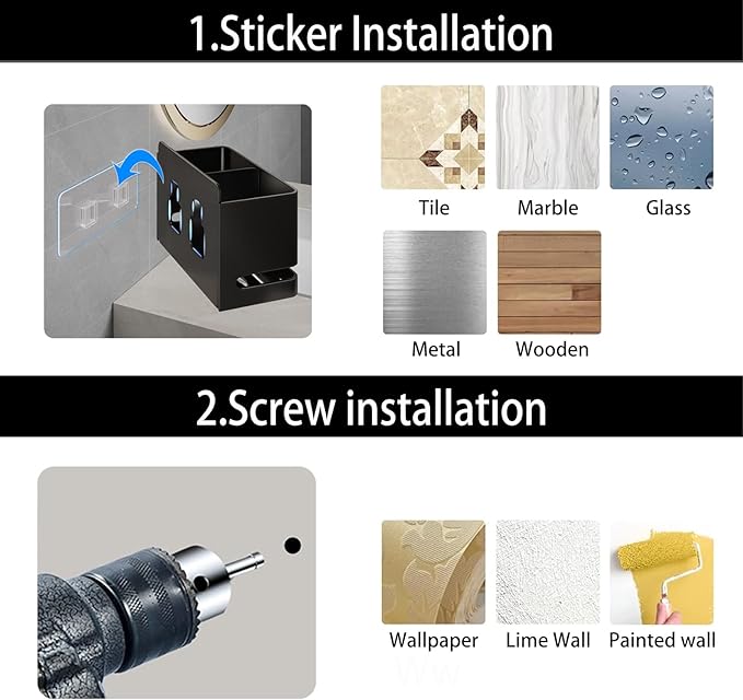 Aluminum Electric Toothbrush Holder - Bathroom Wall Mounted Toothbrush Holder (Black, Double Slot)