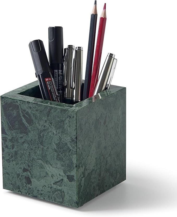 Real Natural Marble Toothbrush Holder & Pen Holder & Makeup Brush Holder, Genuine Stone Rectangular Bathroom Tumbler Cup, Durable Office & Home Countertop Organizer