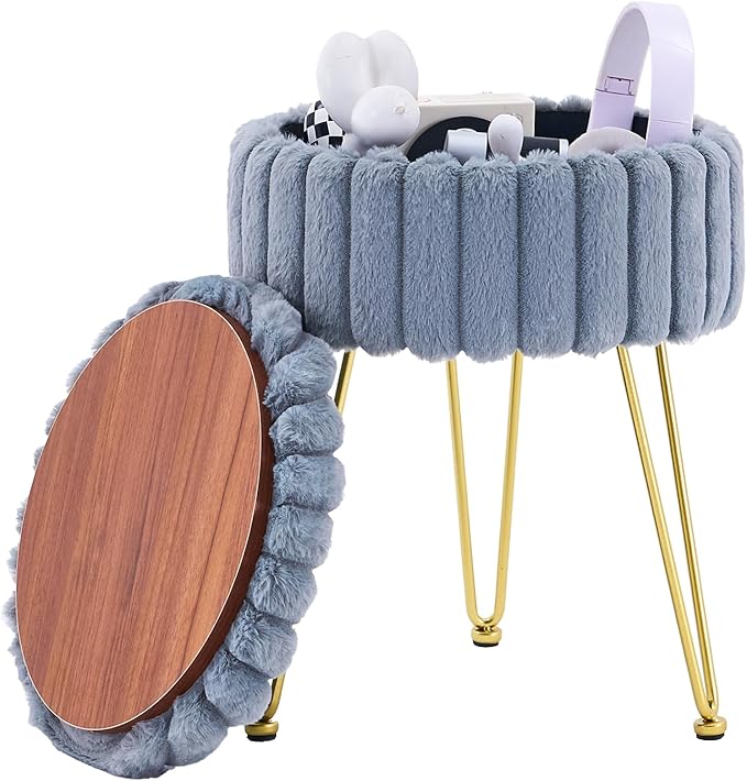 Wimarsbon Vanity Stool with Storage, Faux Fur Ottoman Chair with Metal Legs, Round Makeup Vanity Chair for Bedroom or Dressing Table, Modern Small Ottoman Seat (Grey)