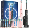 Rtauys 2 Pack Electric Toothbrush for Adults - 2 Rechargeable Electric Toothbrushes with 12 Brush Heads & 2 Travel Case, Power Electric Toothbrush with Holder, 3 Hrs Charge for 120 Days - Black+Pink