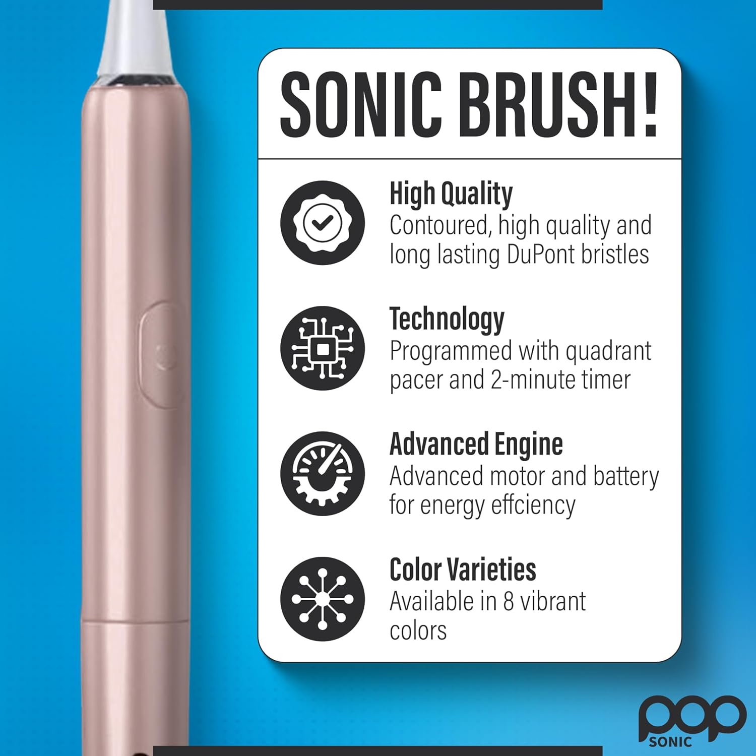 Pop Sonic Go Plus Travel Electric Toothbrush (Rose Gold) | 2 Speeds w/ 18000-24000 Vibrations Per Minute - The Ultimate Set | 8+ Colors to Choose from