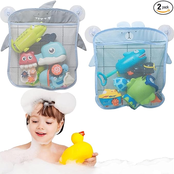 2 Pack Mesh Bath Toy Organizer, Cute Shark & Bear Bath Toy Storage Net Bathtub Toy Organizer, Perfect Bathroom Hanging Storage Bag Quick Dry Bath Toy Holder Bag with 8 Strong Hooks (Set A)