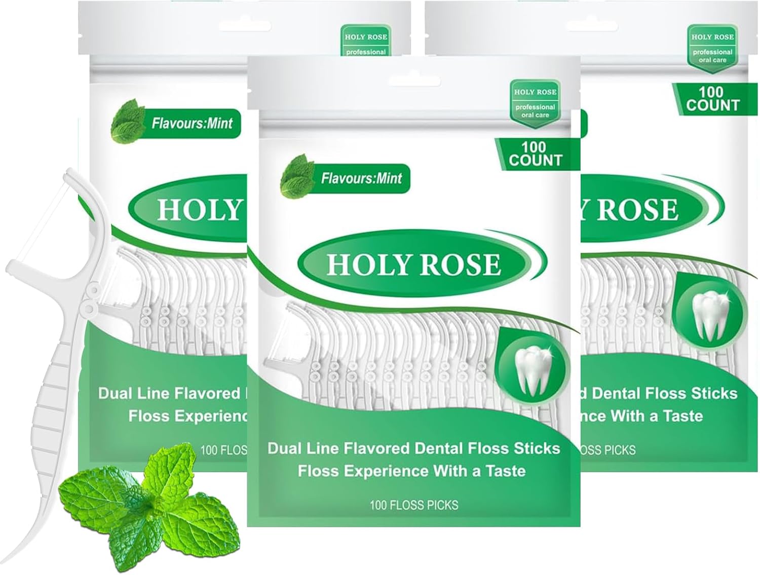 Dual-Line Dental Floss Picks, with Handle Flossers Toothpick ，Selected Floss Sticks 300 Count White，Ergonomic Dental Floss Holder, Mint Flavor,Double Cleaning Effect