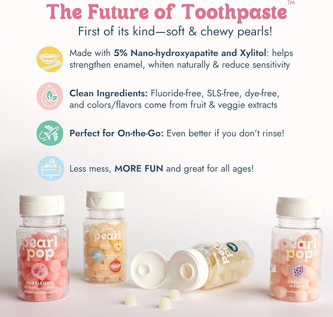 Toothpaste Pearls, Chewy Fluoride Free Toothpaste for Kids, Made with Nano Hydroxyapatite & Xylitol, Foam Free, Mess-Free Travel Tooth Paste, Mint Kiss, 65 Count