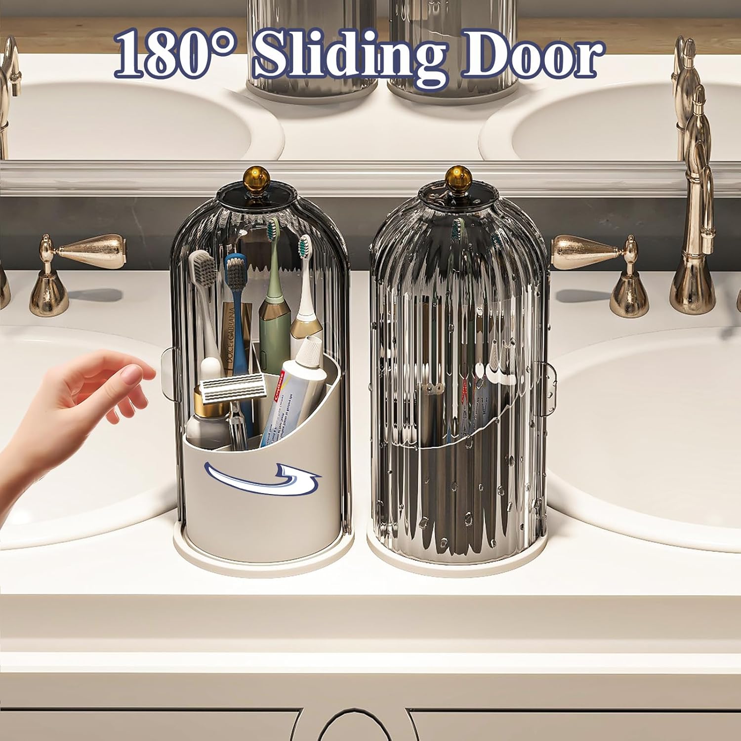 Dustproof Toothbrush Holders with Cover, Rotating Electric Toothbrush and Toothpaste Holder for Bathroom Countertop, 3 Slots Makeup Brushes Organizer, Grey White