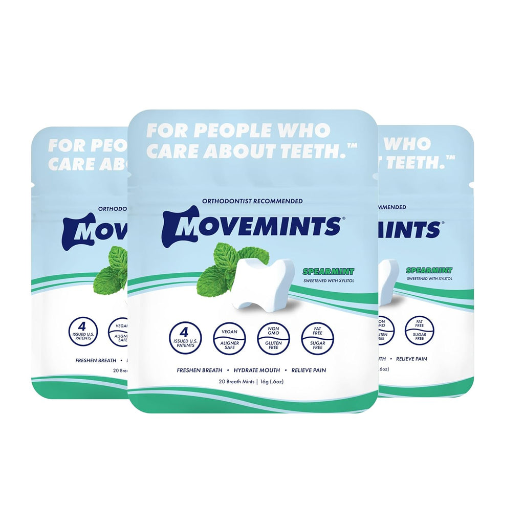 Movemints Clear Aligner Mints - Patented, Edible Alternative to Chewies - Freshen Breath and Improve Dry Mouth with Xylitol - Spearmint (3 Pack)