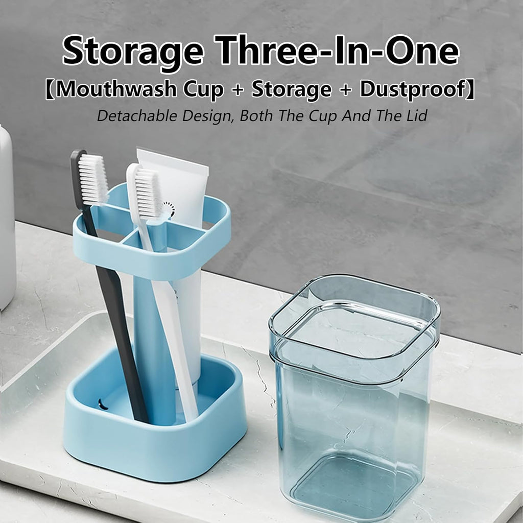 Toothbrush Holder with Cup/Cover, 3 Slots Toothpaste Holder Stand for Bathroom Countertop Plastic Storage Organizer for Toothbrushes, Electric Toothbrushes (Blue)