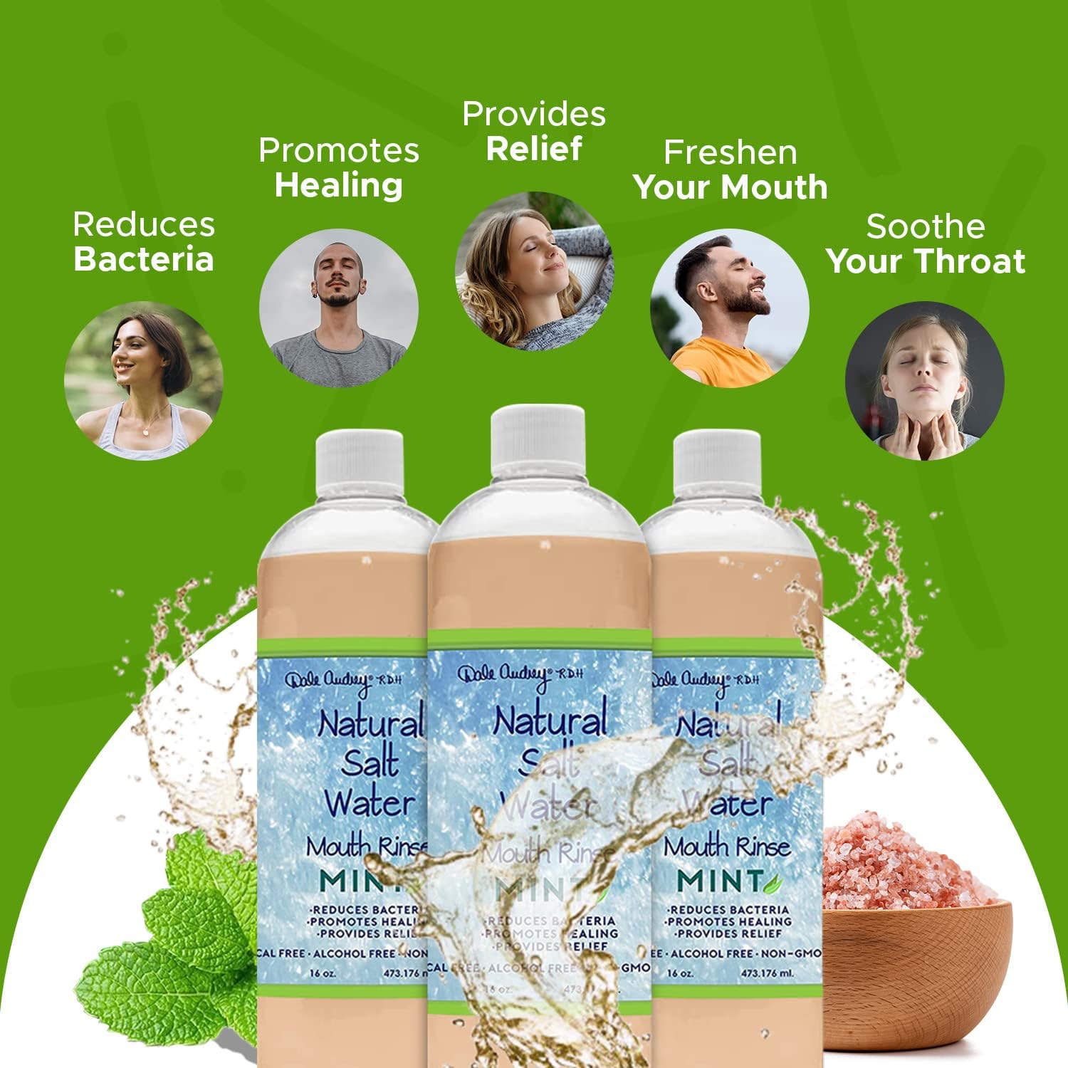 3 Pack Natural Saltwater Mouth Rinse | Himalayan Pink Salt Water Oral Rinse | Organic Refreshing Mint Flavor Fluoride & Alcohol Free Mouthwash for Fresh Breath | Natural Gum Care Mouthwash-16 FL Oz