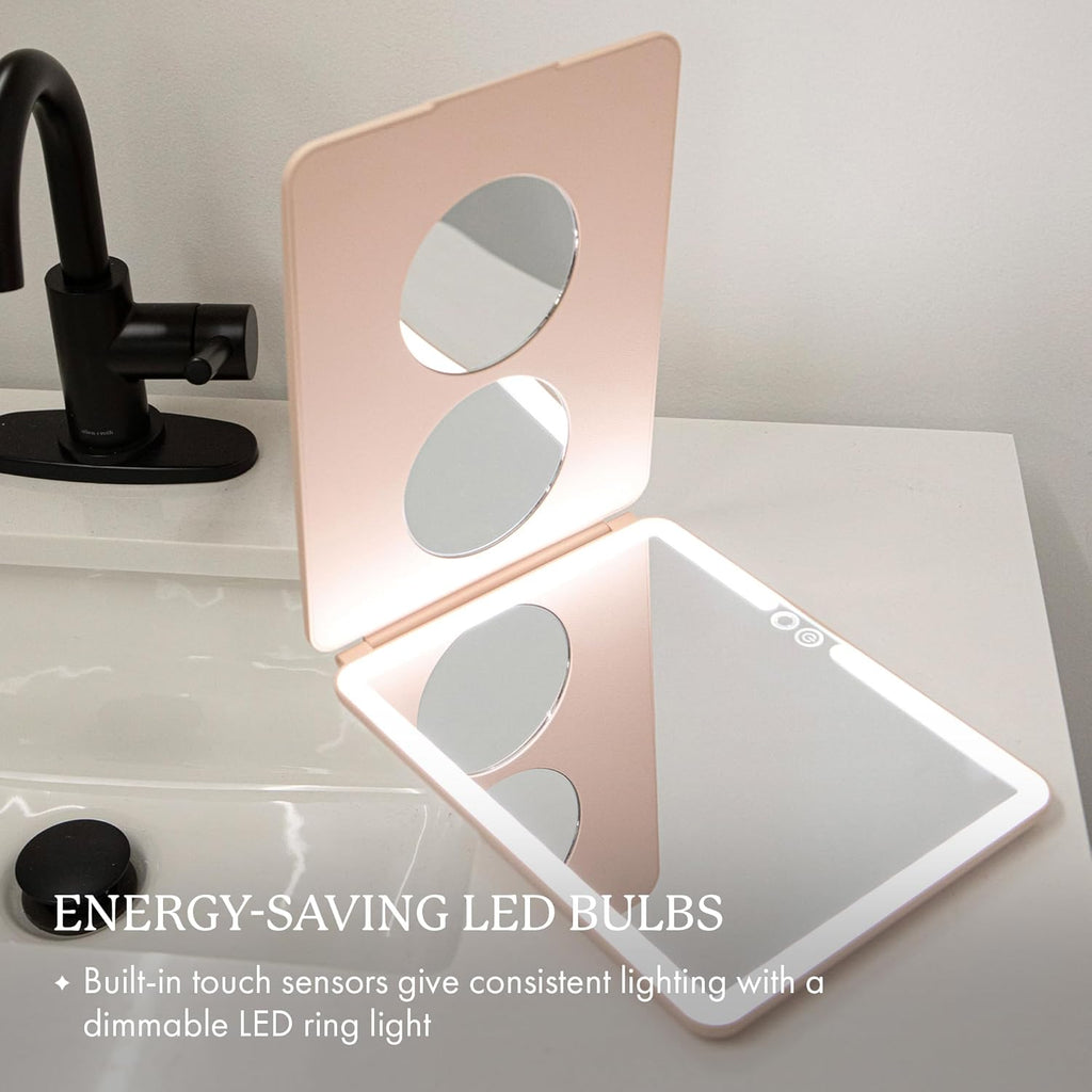 Vanity Planet Handheld Makeup Mirror with Lights, Pose 2.0 (Blush) - Light Up Travel LED Mirror with 3X & 5X Magnification - Dimmable Lighting & Micro-USB Rechargeable Lighted Compact Mirror