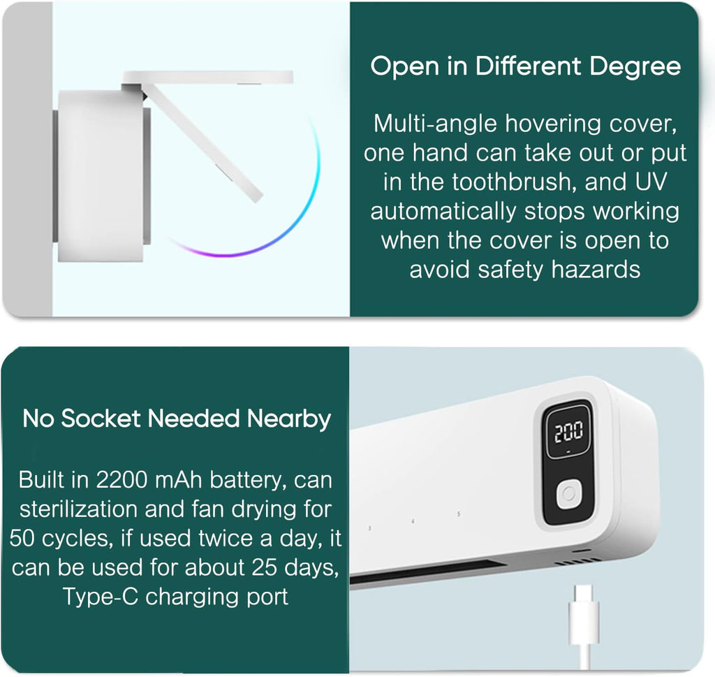 StarWin UV Toothbrush Dryer Holder, Fan Drying and Timer Function, Rechargeable Tooth Brush Holder Wall-Mounted for Bathroom, No Drilling, 5 Slots