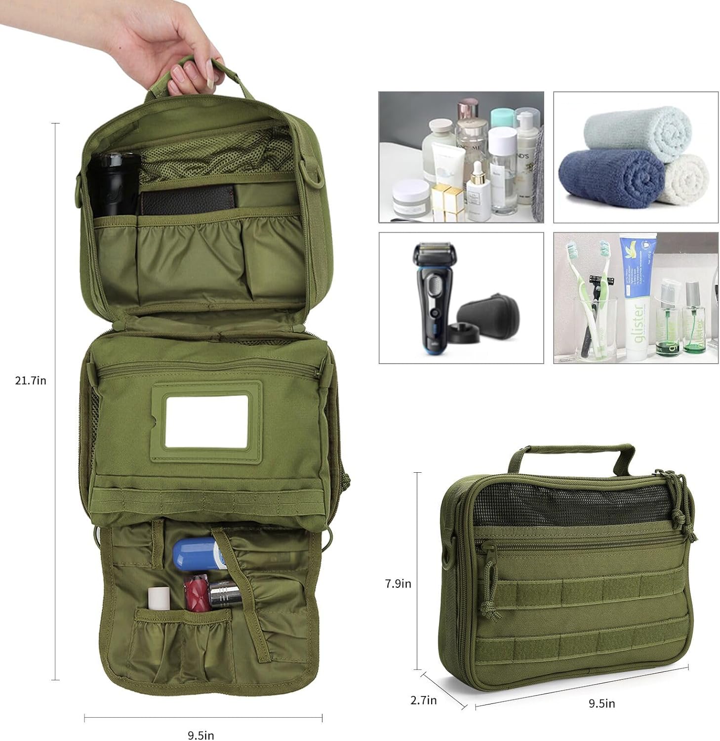 SUNRISING Tactical Toiletry Bag for Men - Hanging Travel Dopp Kit, Shaving Hygiene Organizer, Durable Bathroom Essentials for Short Trips & Camping Army Green