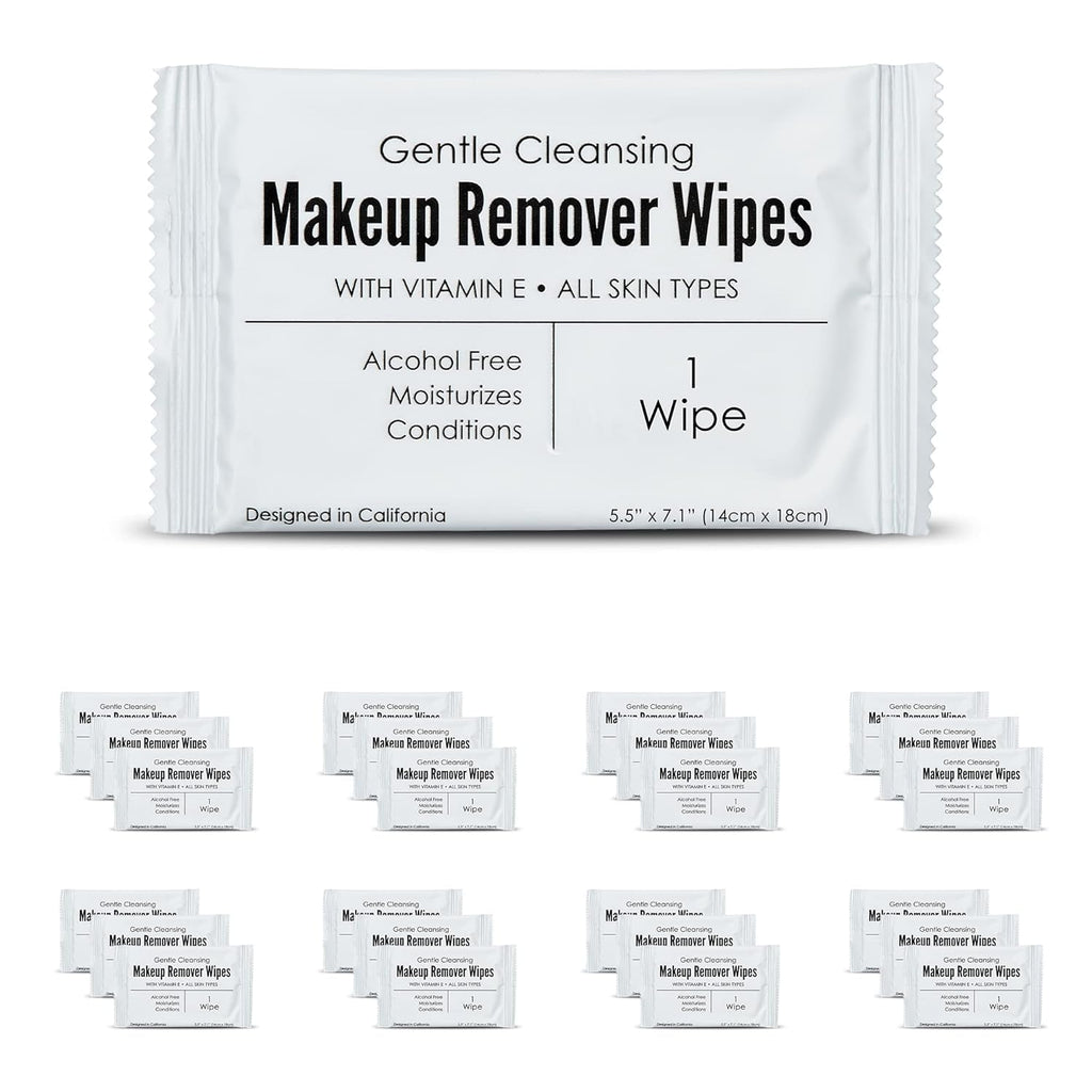 World Amenities - Bulk Makeup Remover Wipes | 50 Count | Individually Wrapped, Gentle Cleansing, Alcohol Free - All Skin Types - Vitamin E - 100% Recyclable, Hotel Travel Size Toiletries