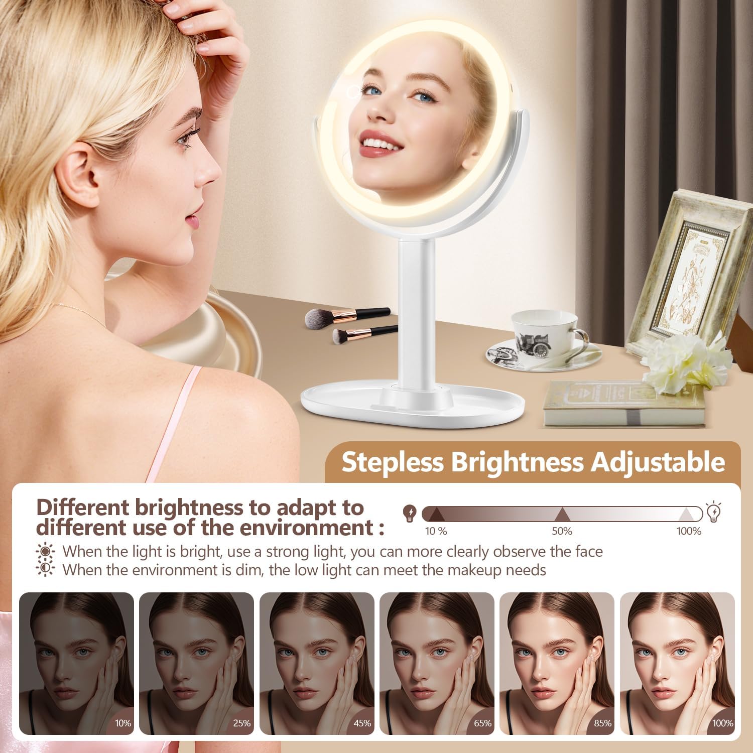 MIYADIVA Makeup Mirror with Lights, 30X Magnifying Mirror with 2-Sided Switch, Vanity Mirror with 3 Colors and Adjustable Brightness, 80 LEDs, Ideal Gift for Daily Makeup and Skincare, 8.8 Inches