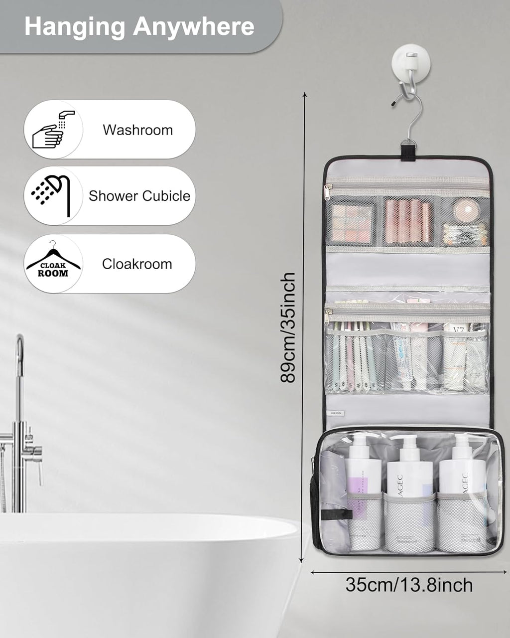 Relavel Hanging Toiletry Bag with Shoes Pocket, 360° Hook Travel Cosmetic Organizer, Waterproof, Multi-function for Makeup and Toiletries, Portable Storage Bag for Gym, Camping, Travel - Black