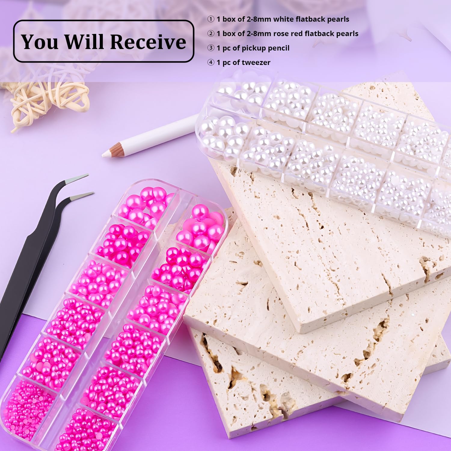 2 Boxes Flat Back Pearls Kit 9 2-8mm Flatback White&Rose Red Half Round Pearls with Pickup Pencil and Tweezer for Home DIY and Nail Art, Face Makeup and Craft