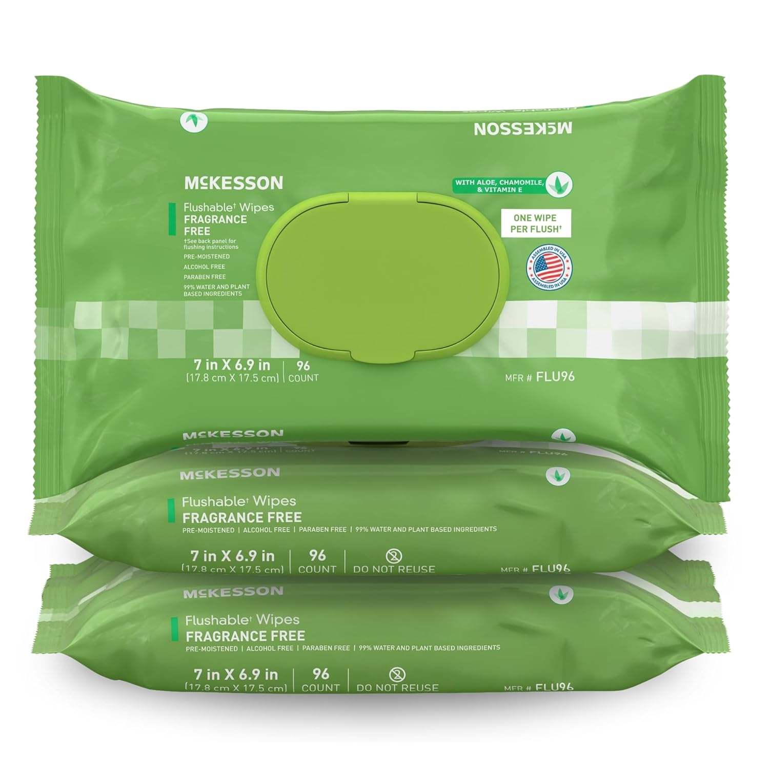 McKesson Flushable* Adult Wet Wipes – 288 Wipes (3 Pack of 96) – Aloe & Vitamin E, Plant-Based Cleansing Wipes, Unscented