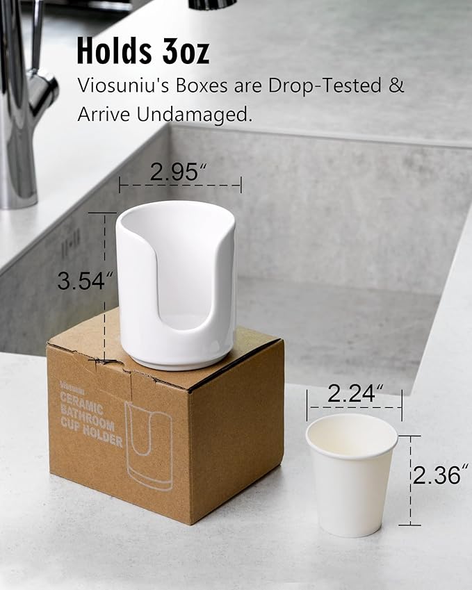 3 oz Original Ceramic Bathroom Cup Dispenser with 5 PLA Paper Cups, Bathroom Essential Accessories for Mouthwash Holder on Vanity Countertops (1 Pack, White)