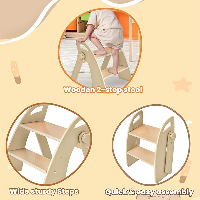 Wooden Step Stool, 300 lb. Load Capacity, with Safety Non-Slip Pads and Handles, Bamboo Step Stool for Bathroom and Kitchen, Gift for Christmas (Log Color)