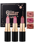 Metallic Glitter Lipstick Set Long Lasting,3 Pcs Diamond Shimmer Lip Gloss Nude Pink Rose Pink Red Matte Lip Stick for Women,Sparkling Shiny Transfer Proof Non Stick Tinted Lip Balm Color Makeup-Set B