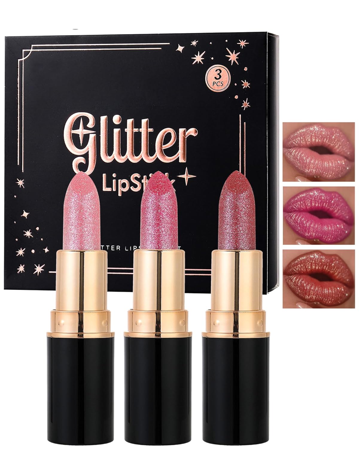Metallic Glitter Lipstick Set Long Lasting,3 Pcs Diamond Shimmer Lip Gloss Nude Pink Rose Pink Red Matte Lip Stick for Women,Sparkling Shiny Transfer Proof Non Stick Tinted Lip Balm Color Makeup-Set B