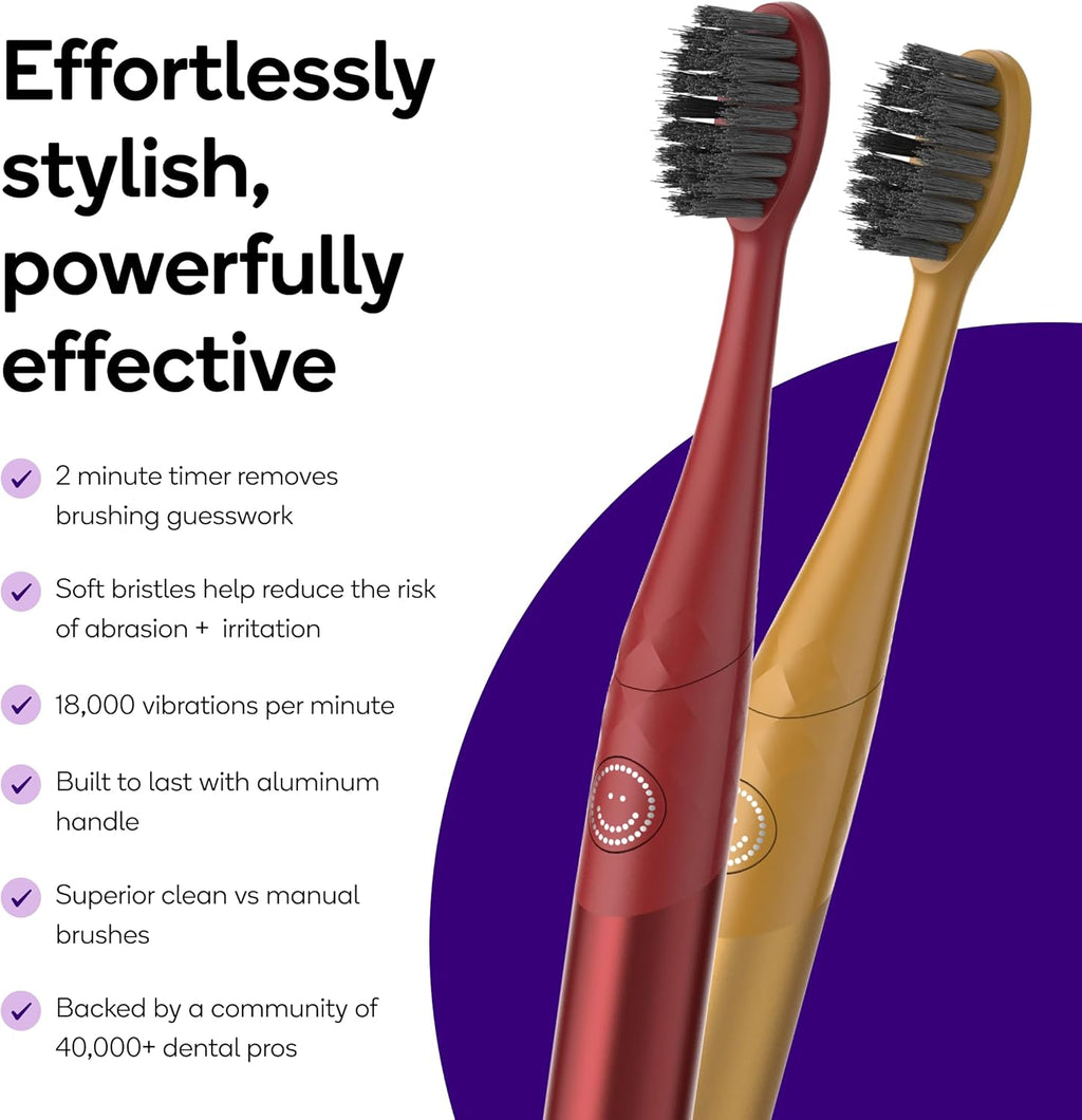 Burst Nova Toothbrush (2 Pack/Red & Orange) | Sonic Powered Teeth Whitening | Super-Soft Bristles | 18000 VPM | 2 Minute Timer | Aluminum Handle | Replaceable Brush Head | Compact Size | AAA Battery