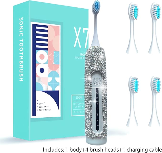 Electric Toothbrush for Woman Silver Bling Diamond Decor Portable Travel Essentials for Women White Toothbrush with 3 Replacement Heads 6 Modes