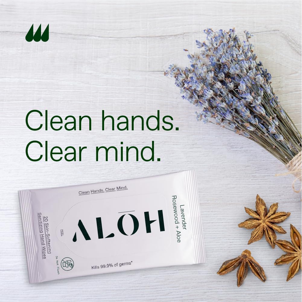 ALOH Antibacterial Wipes – Lavender & Rosewood Sanitizing Hand Wipes - Clean Hands, Clear Minds - On The Go Hand Sanitizer Wipes for Kids and Adults - Travel Size 3 Pack, 20ct Wipes (60 wipes)