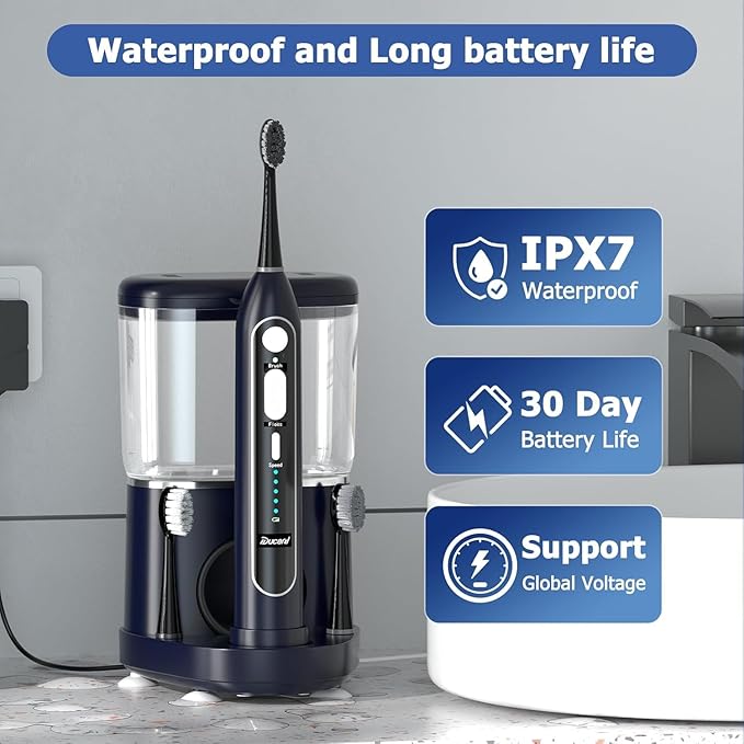 Electric Toothbrush with Water Flossers for Adults, Upgrade Flossing Toothbrush Combo, 5 Floss Speeds&3 Brush Modes, 500mL Tank, 30-Day Battery, for Adults & Teens, Gums, Braces, Dental Care,Blue